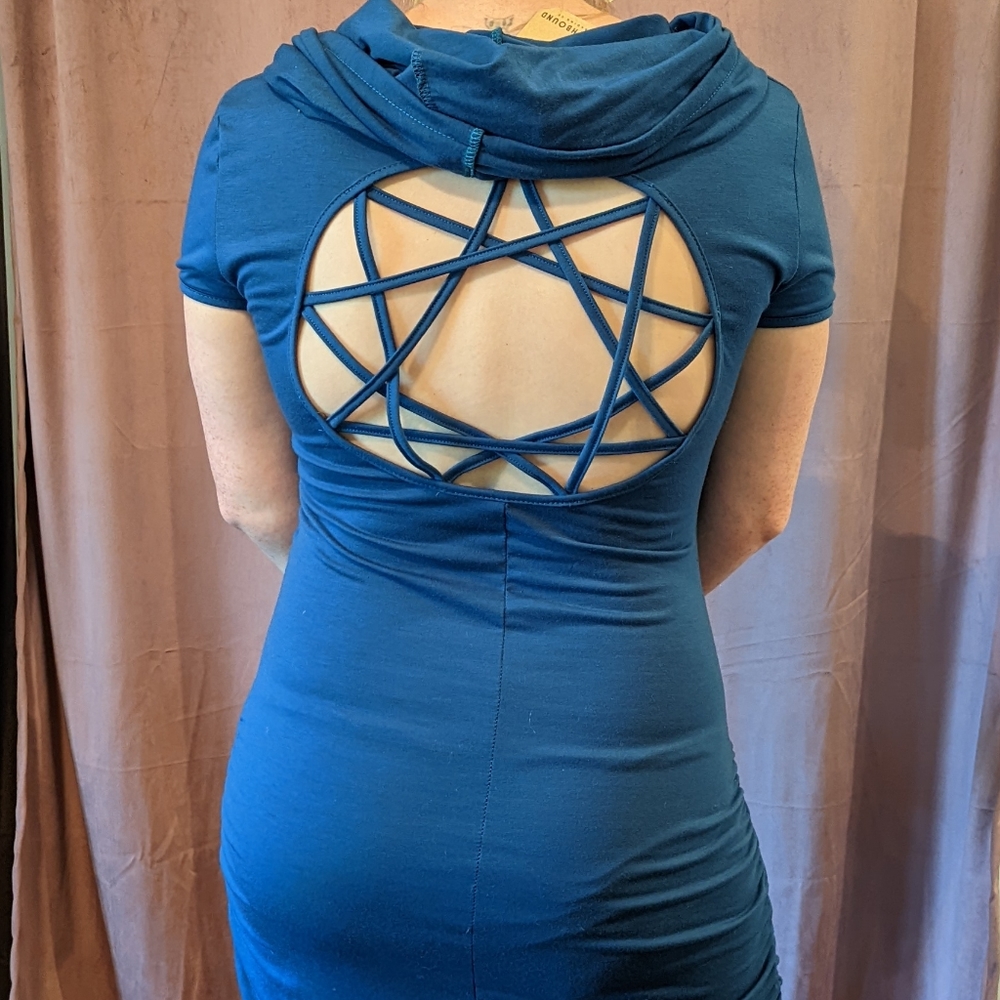 Teal Viking maxi dress with back cut out and hood witchy, pagan, tall